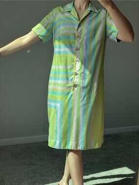 VTG 60s Edith Martin California Sears Rainbow USA Pastel Stripe Shirt Dress M L